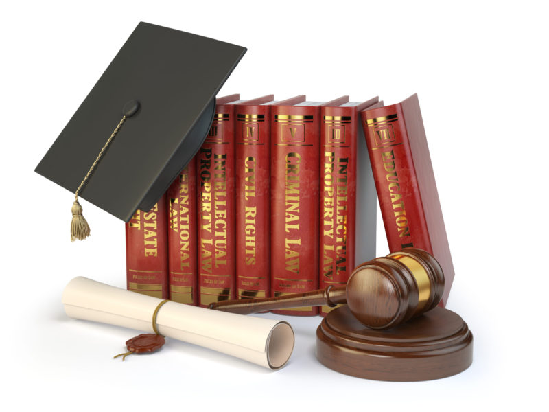 Law books, gavel, graduation cap and diploma